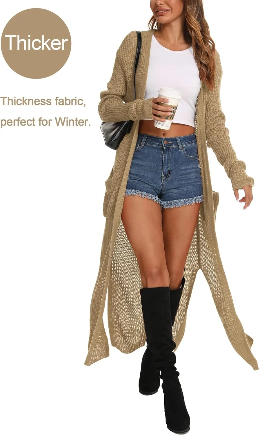 Womens Casual Long Sleeve Split Open Cardigan Knit Long Cardigan Sweaters with Pockets Fall Fashion 2024