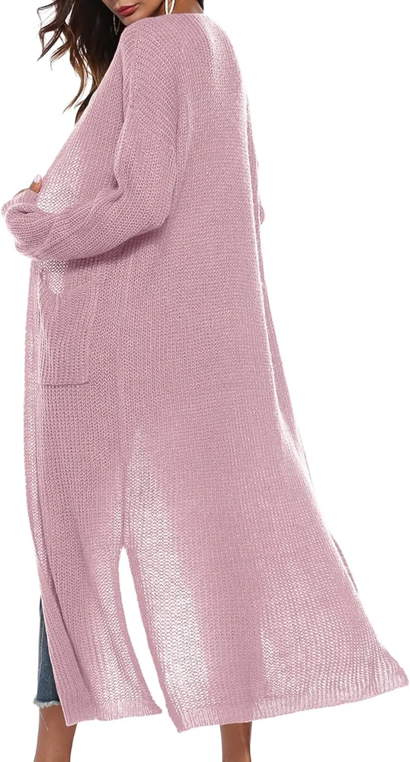 Womens Casual Long Sleeve Split Open Cardigan Knit Long Cardigan Sweaters with Pockets Fall Fashion 2024