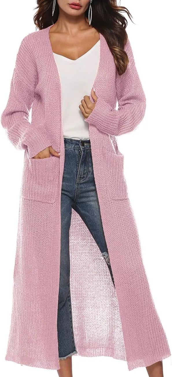 Womens Casual Long Sleeve Split Open Cardigan Knit Long Cardigan Sweaters with Pockets Fall Fashion 2024