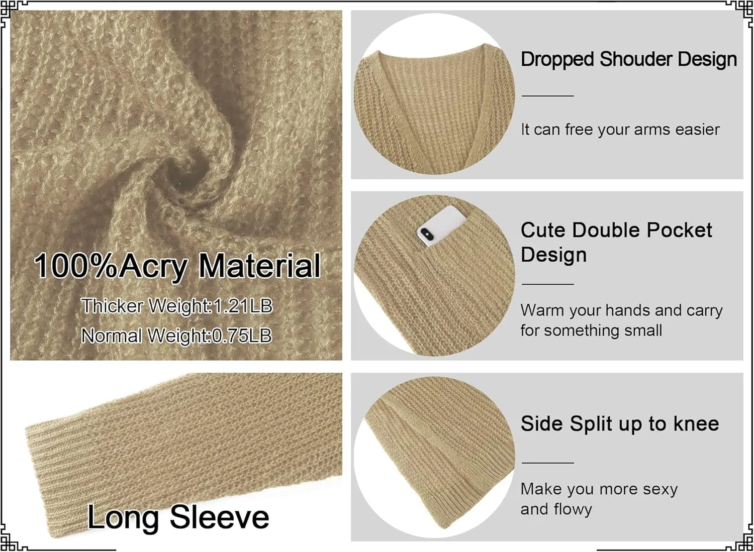Womens Casual Long Sleeve Split Open Cardigan Knit Long Cardigan Sweaters with Pockets Fall Fashion 2024
