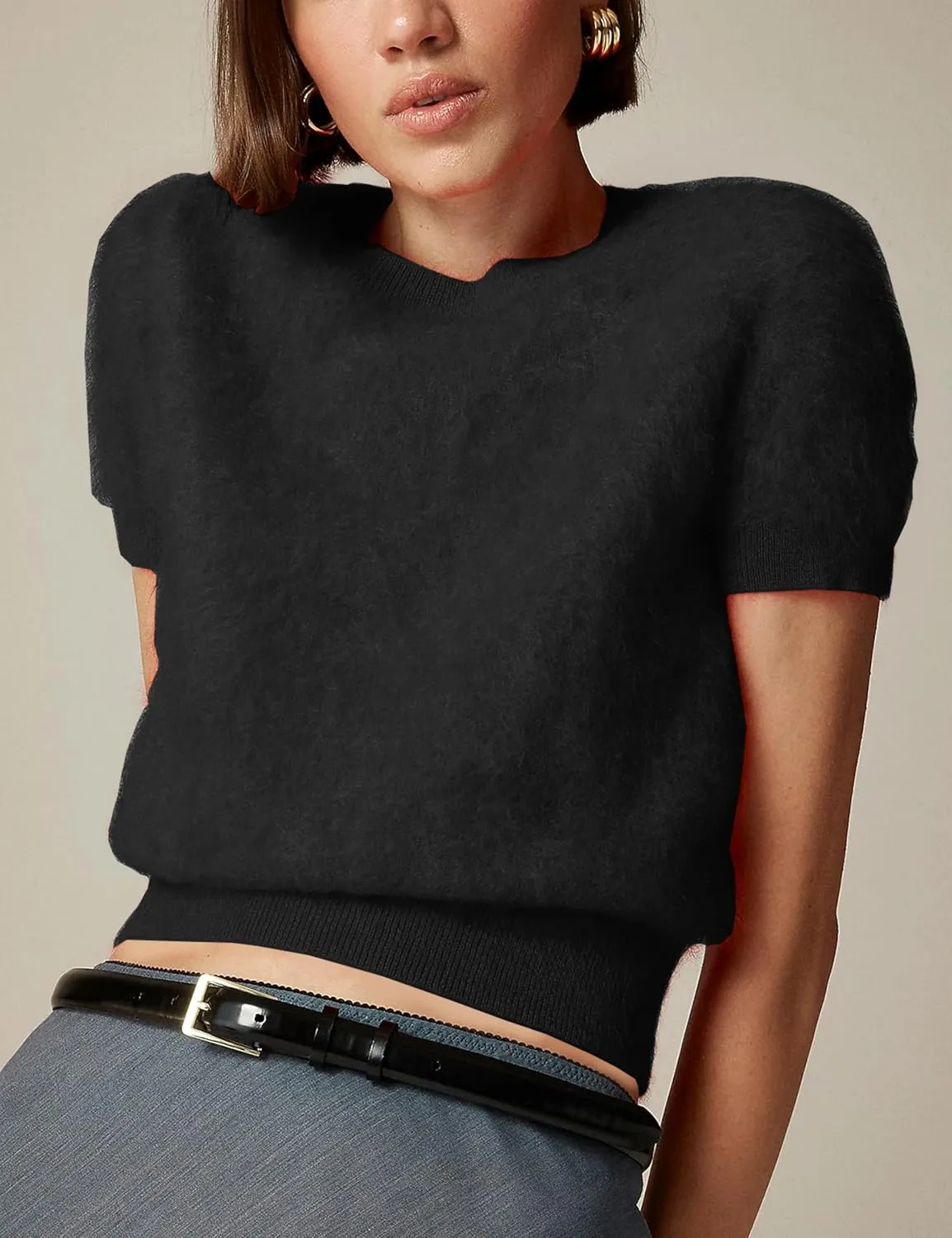 Women's Furry Cropped Sweater Short Sleeve Soft Fuzzy Sweater T Shirt Loose Casual Knit Pullover