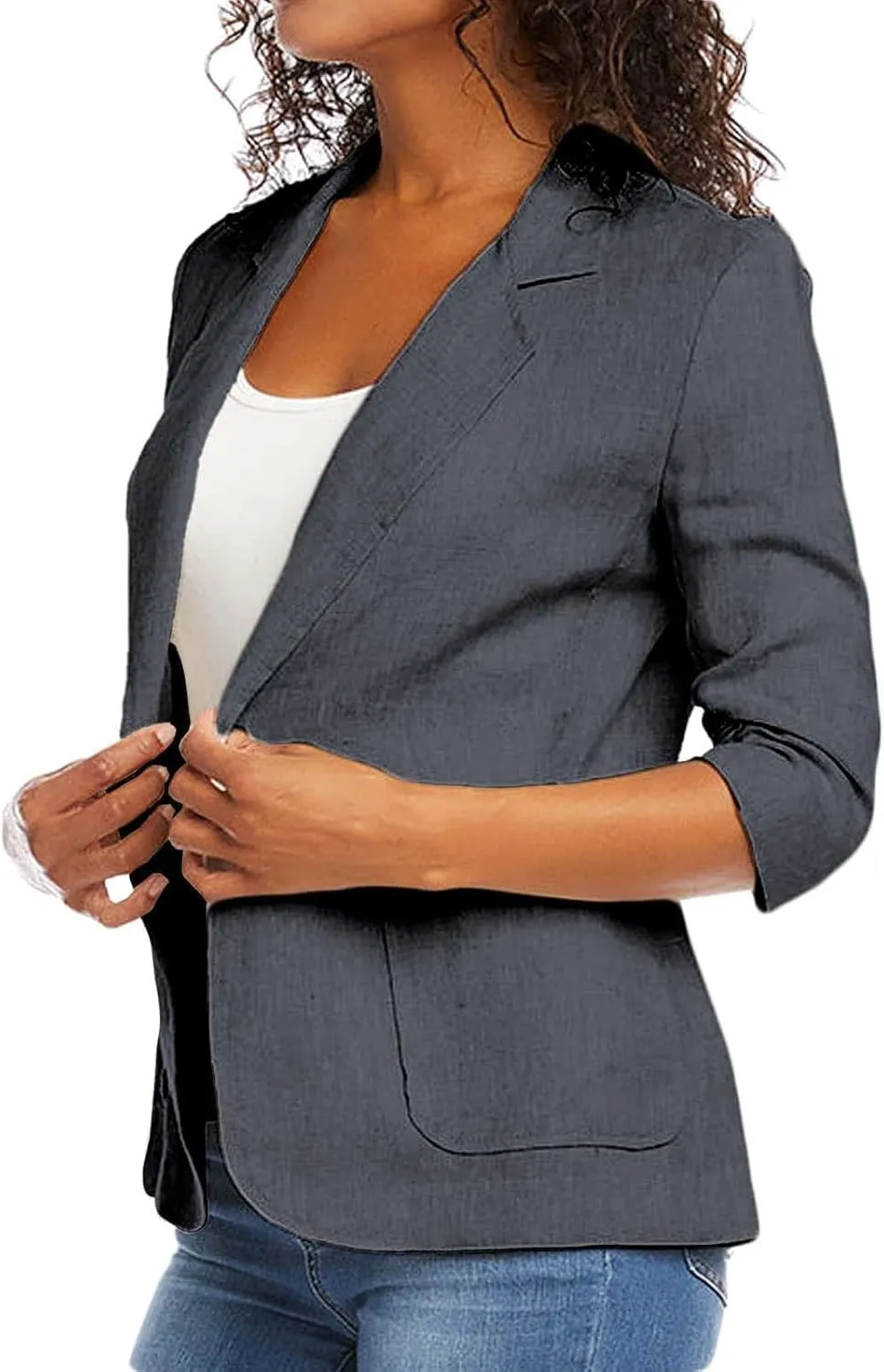 Women's Ruched 3/4 Sleeve Blazers Button Front Slim Fit Suit Jackets Business Casual Pockets Oversized Blazer Outwear