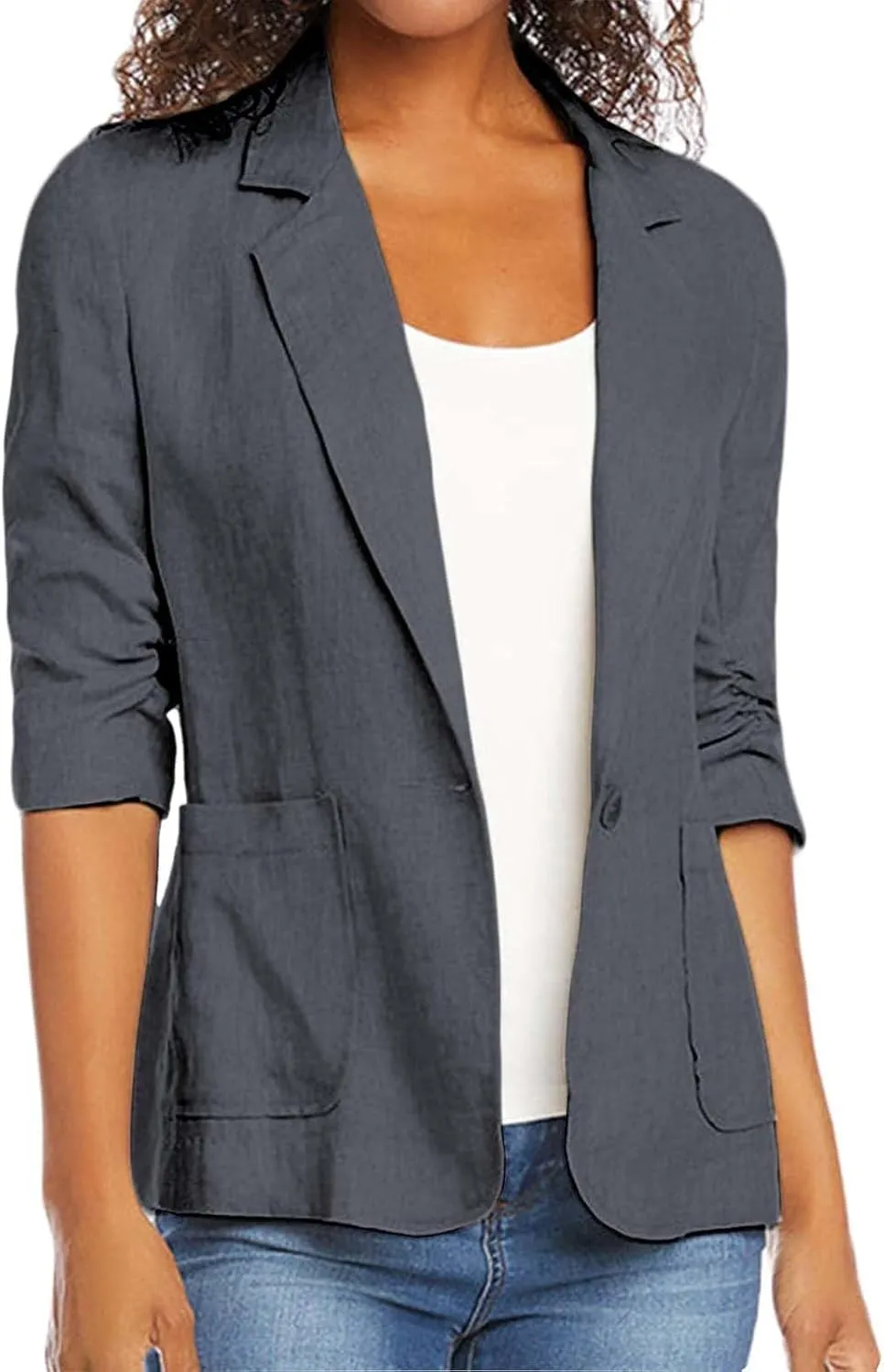 Women's Ruched 3/4 Sleeve Blazers Button Front Slim Fit Suit Jackets Business Casual Pockets Oversized Blazer Outwear