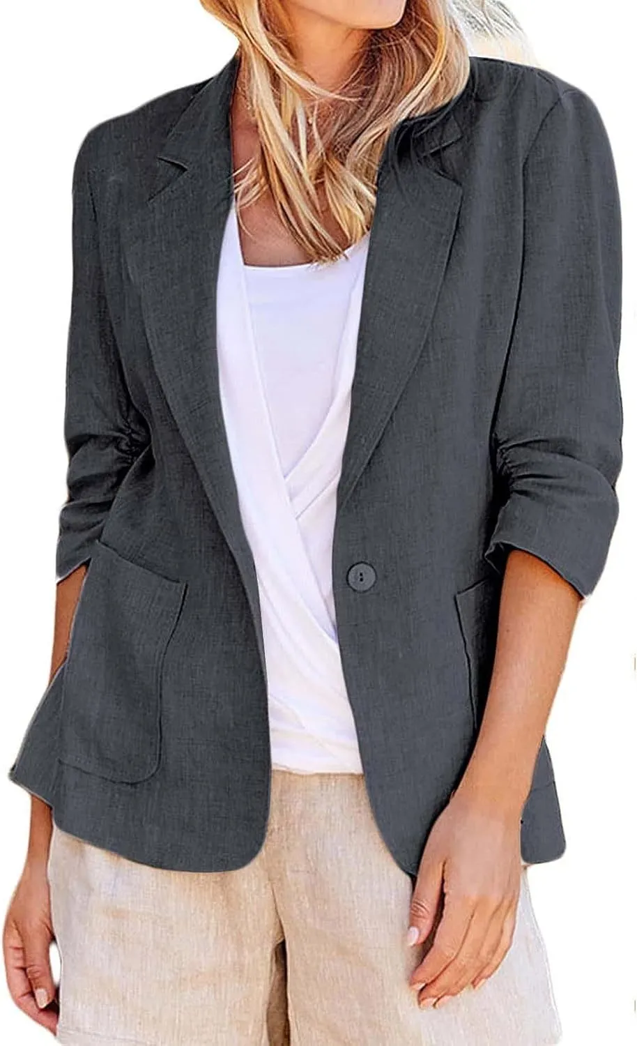 Women's Ruched 3/4 Sleeve Blazers Button Front Slim Fit Suit Jackets Business Casual Pockets Oversized Blazer Outwear