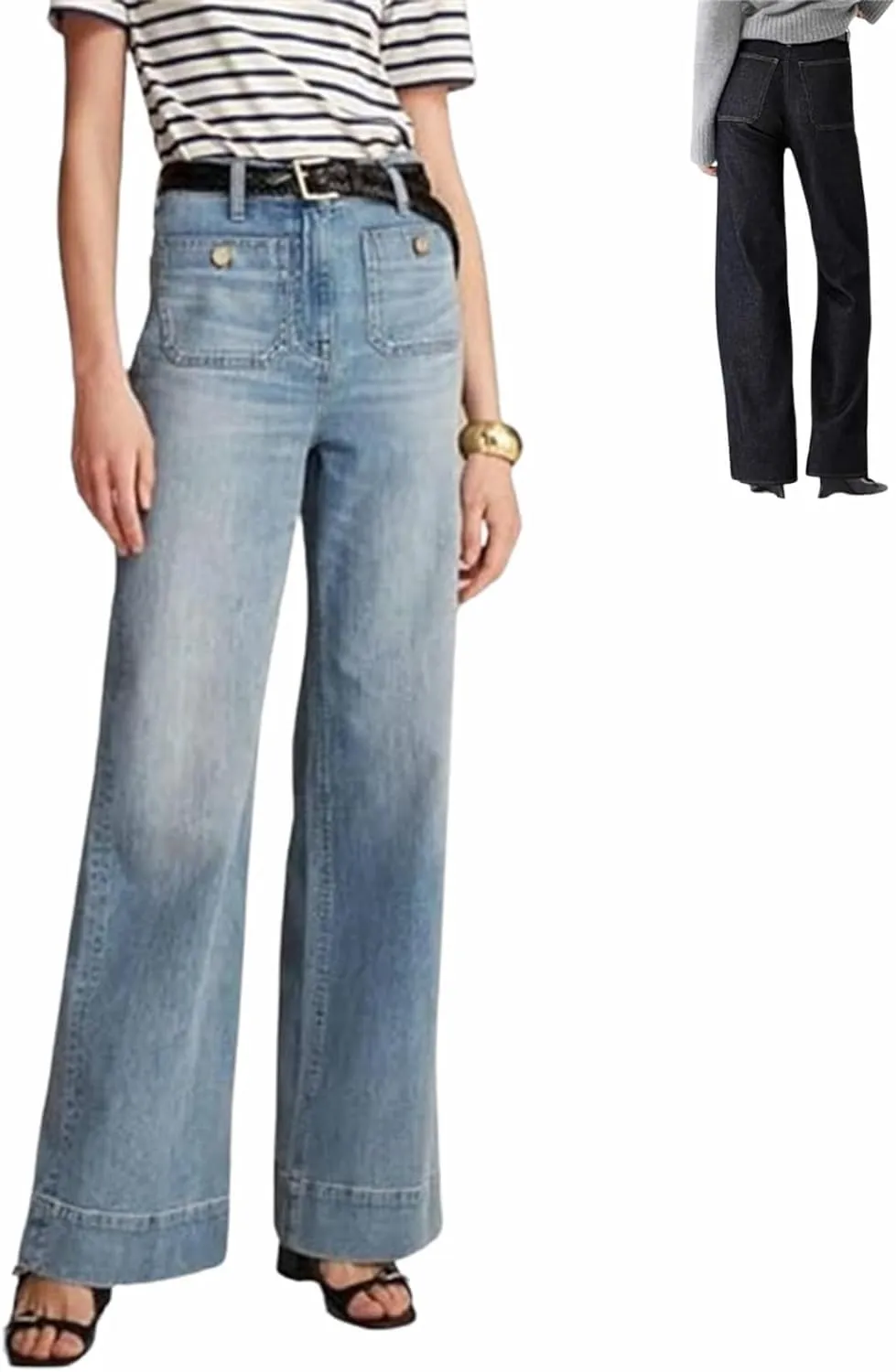 Women's Tummy Control Sailor Wide Leg Trouser,High Waisted Casual Straight Leg Jeans,Stretch Denim Pants with Pockets
