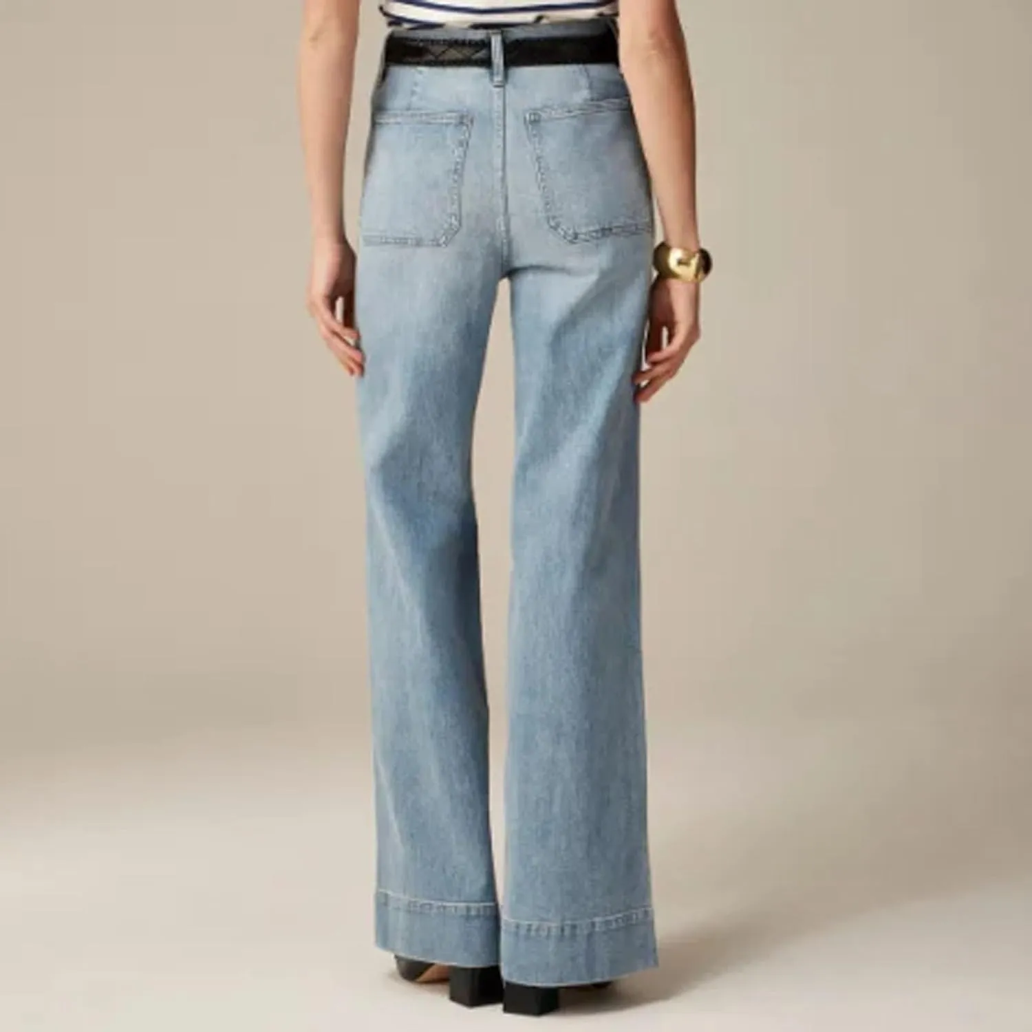 Women's Tummy Control Sailor Wide Leg Trouser,High Waisted Casual Straight Leg Jeans,Stretch Denim Pants with Pockets