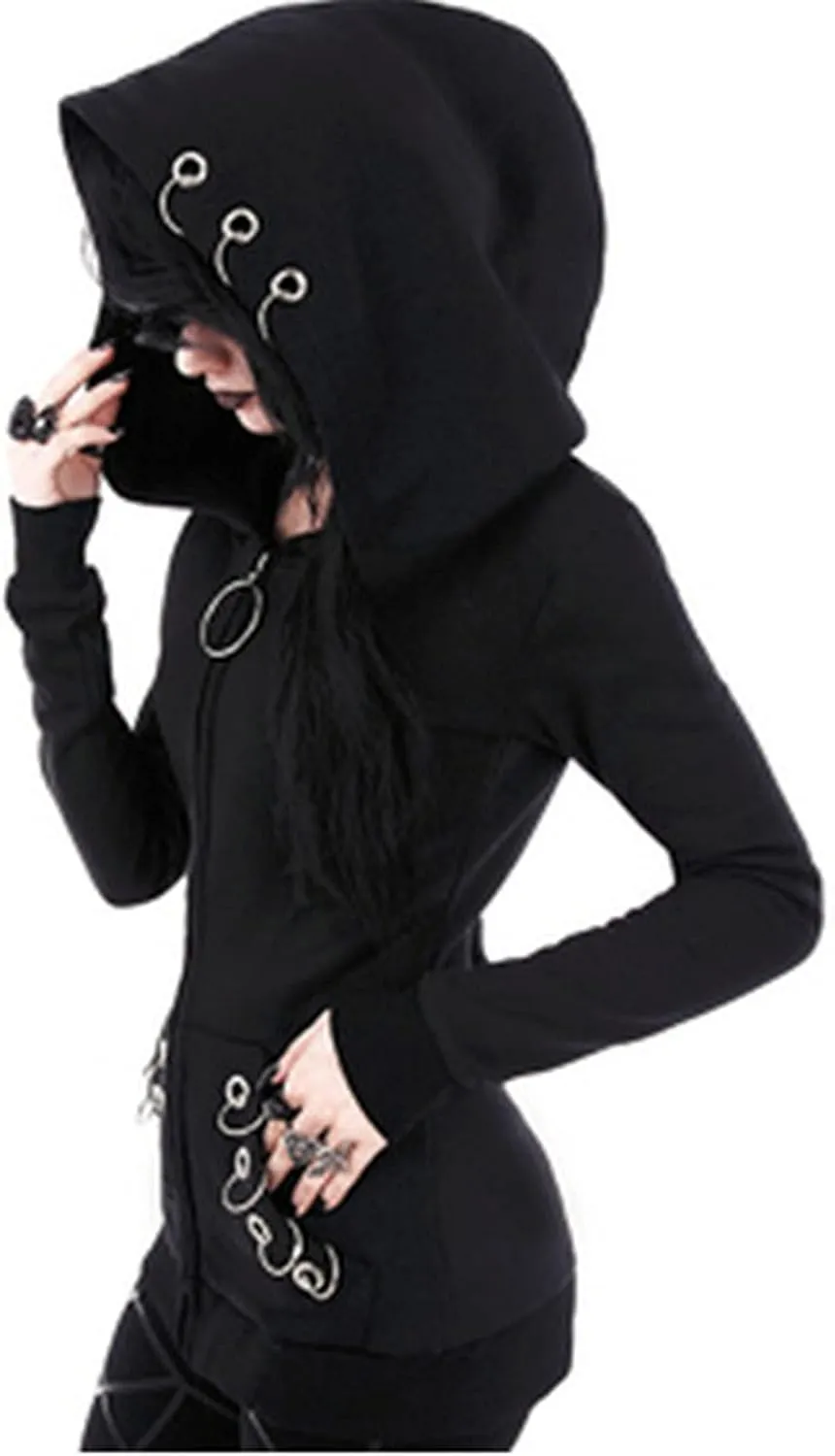 Zip Up Hoodies Women Punk Gothic Hoodie Sweatshirt Long Sleeve Hooded Jacket Top Long Sweatshirt