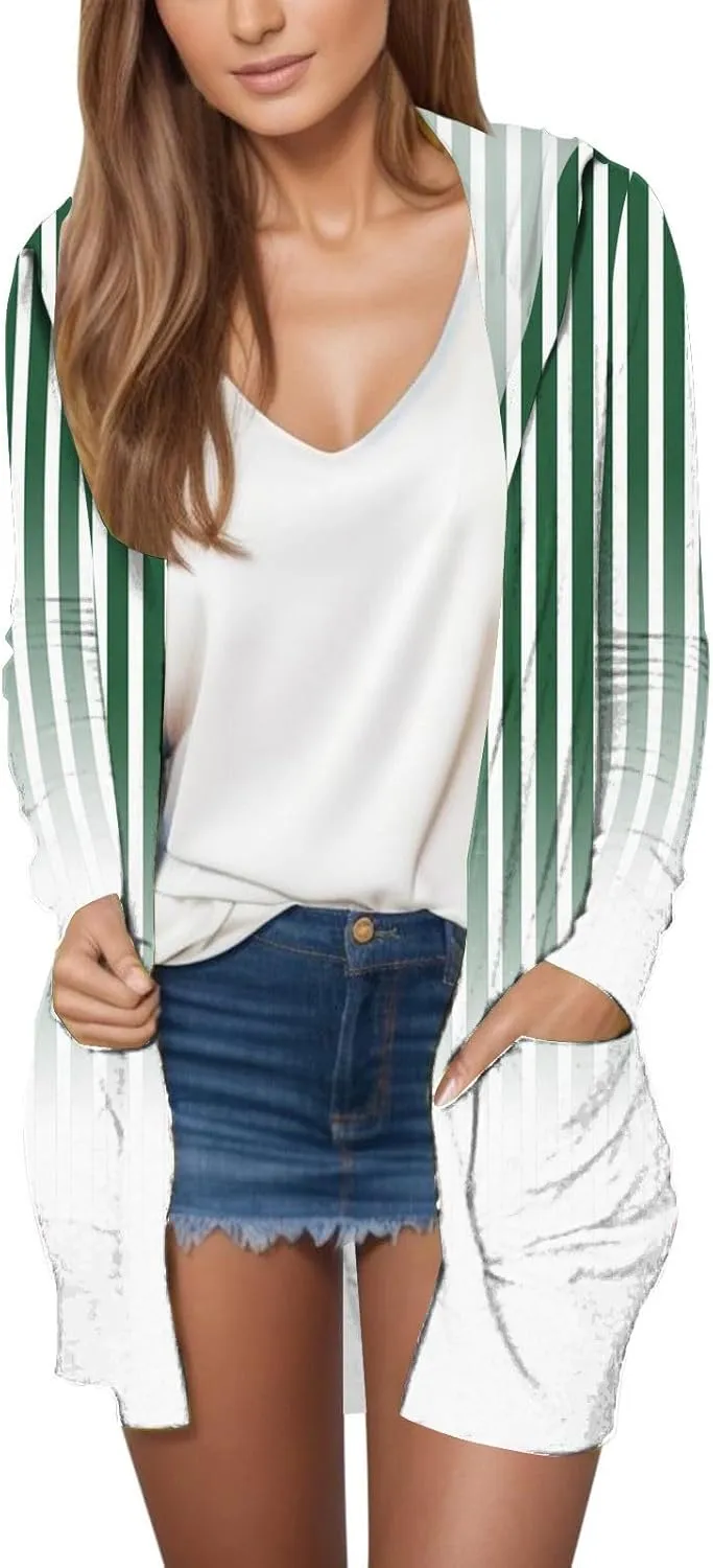 ZYXTIM Womens Lightweight Stripe Cardigan Long Sleeve Open Front Casual Fashion Long Cardigan Sweaters Duster with Pockets